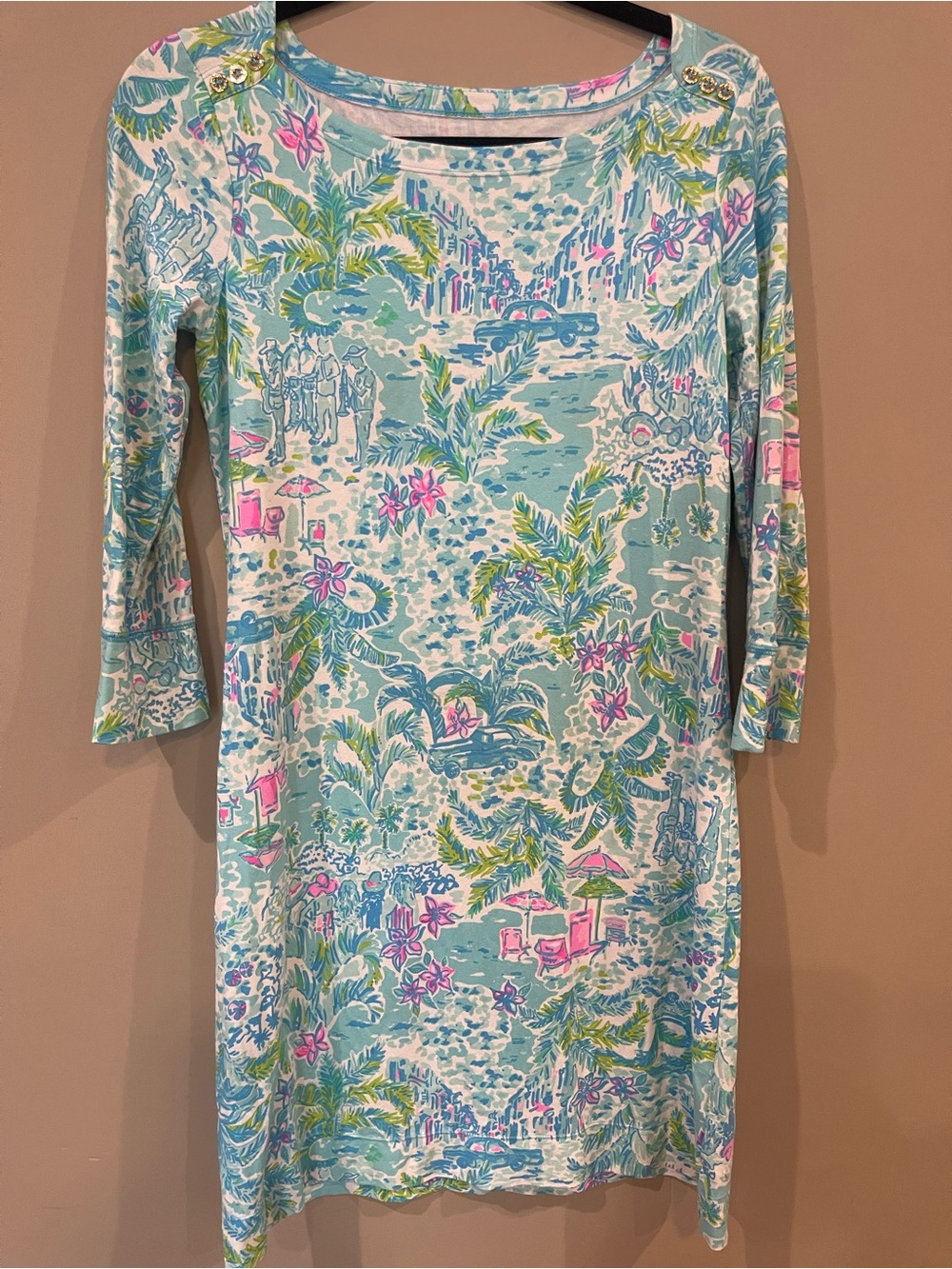 Lilly Pulitzer Aqua Tropical Print Shift Dress with Pink & Green Accents